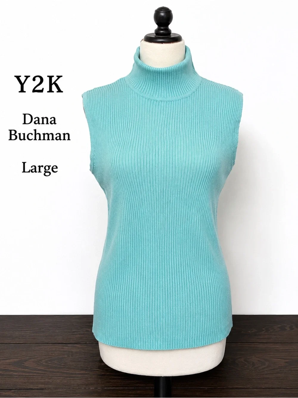 Vintage Y2K Dana Buchman Aqua Blue Ribbed Sleeveless Turtleneck Top L - Picture 1 of 7